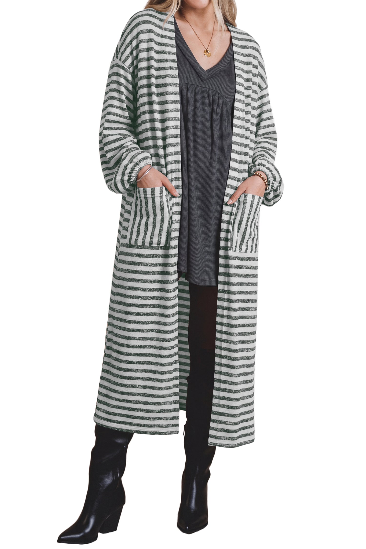 Long Puff Sleeve Open Front Oversized Long Cardigan – Khaki Stripe