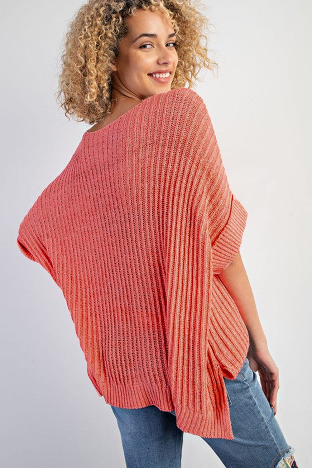Rolled Cuffs Loose Knit Tee with Slits eAura