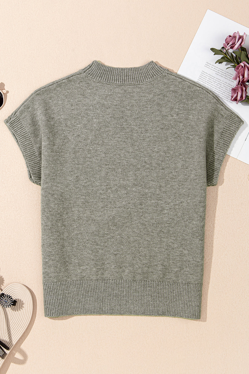 High Flower Pattern Ribbed Trim Short Sleeve Boxy Sweater eAura