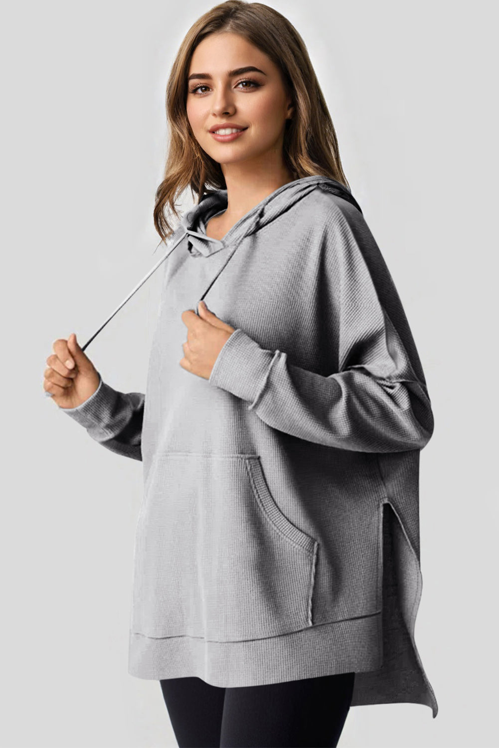 Light Pink Waffle Knit Fleece Lined High Low Oversized Hoodie eAura
