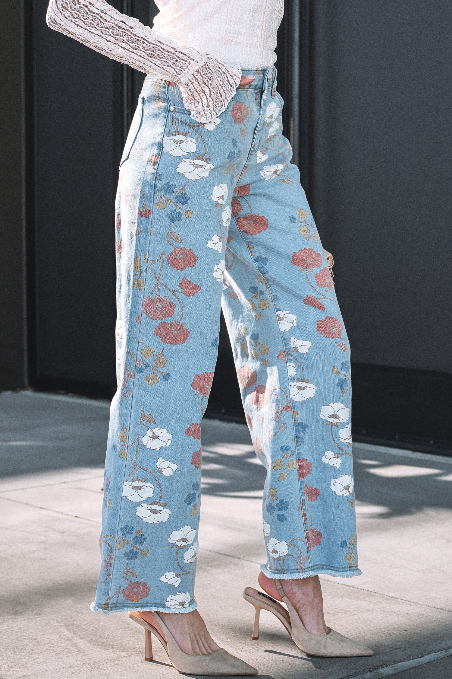Blue Floral Printed Raw Hem Jeans