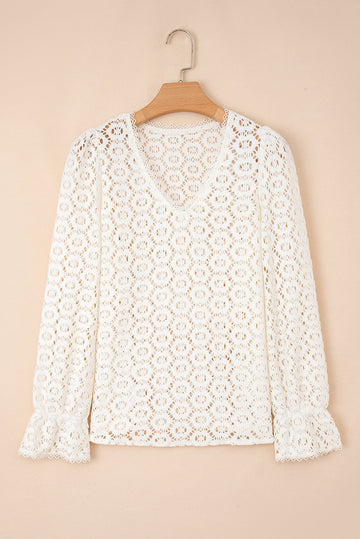 Floral Lace V-Neck Ruffled Sleeve Top - eAura