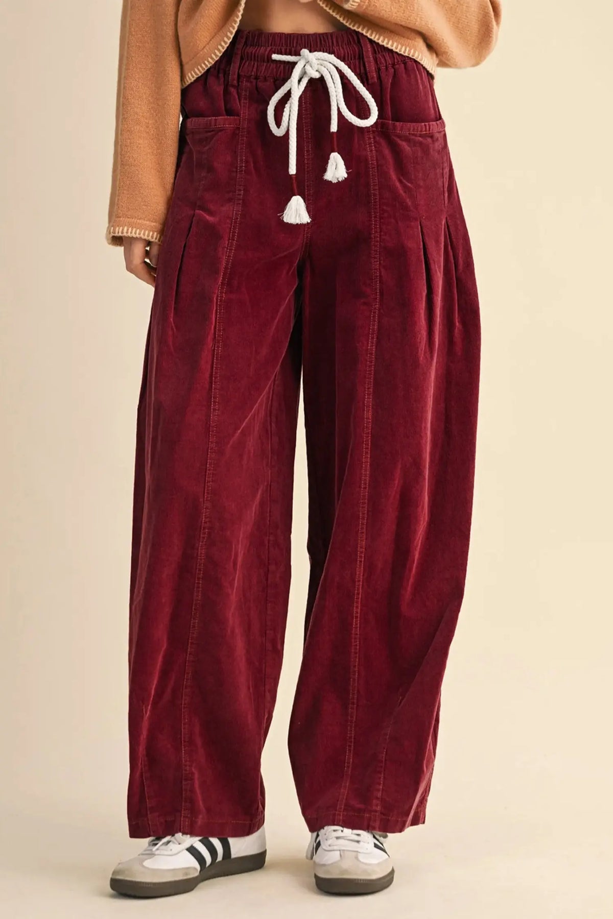 Elastic Waist Drawstring Ribbed Casual Pants – Racing Red