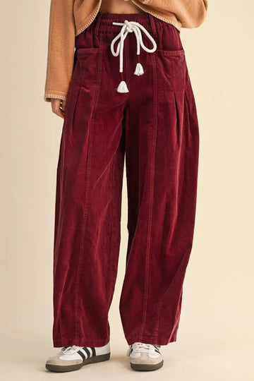 Elastic Waist Drawstring Ribbed Casual Pants – Racing Red