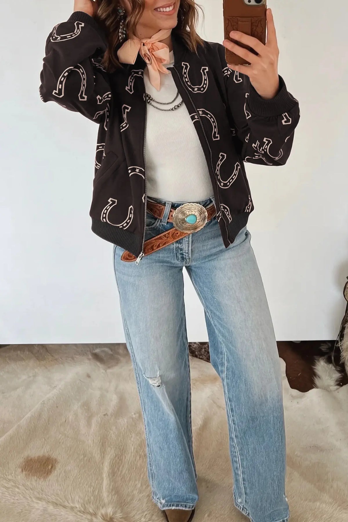 Brown Western Horseshoe Print Zipper Pocket Shift Jacket