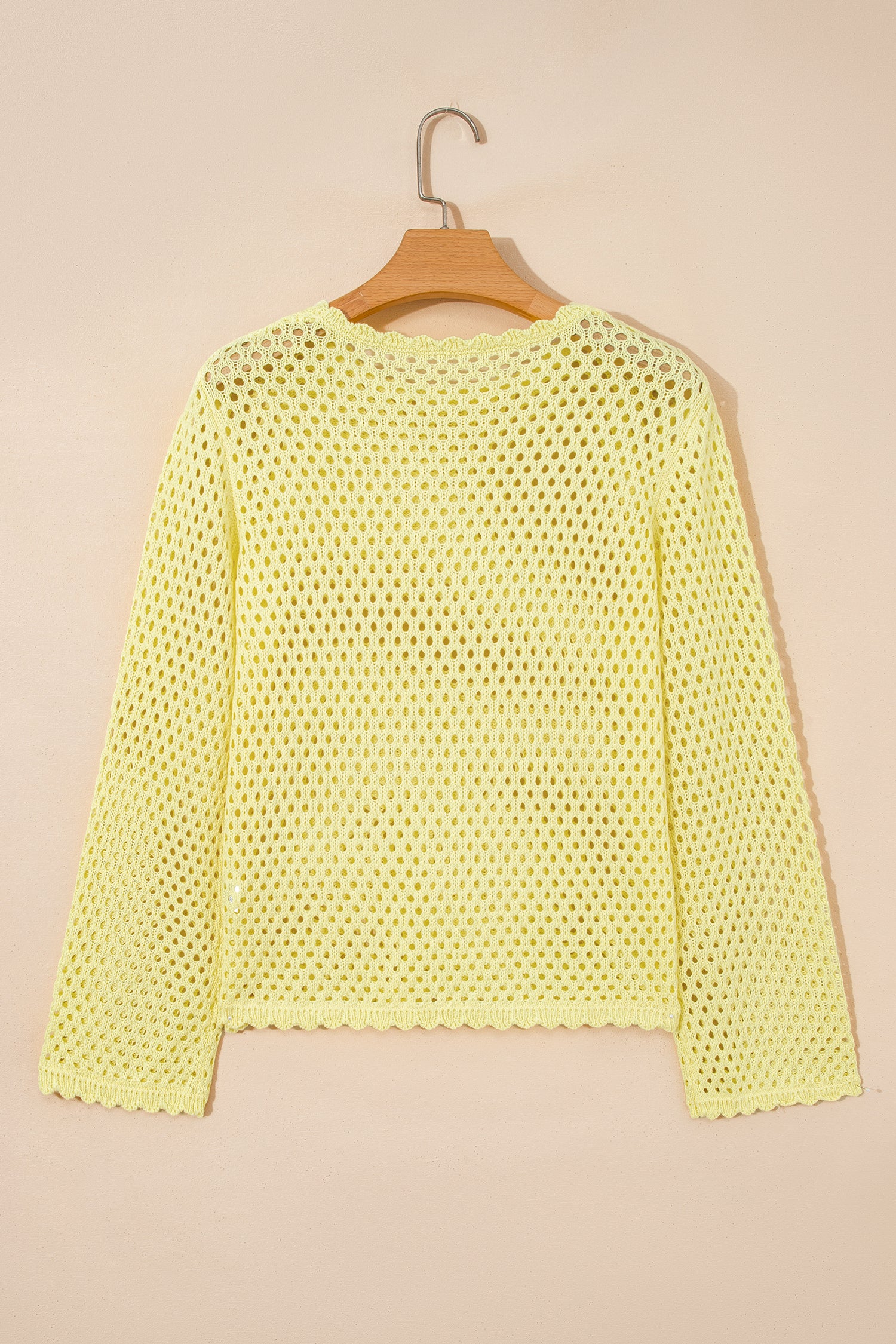 Scalloped Trim Hollow Out Knit Long Sleeve Top – Yellow Cream