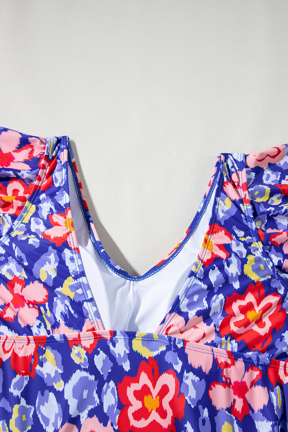 Blue Floral Print Ruffled V Neck High Waist One Piece Swimwear BB Fashion Outlet