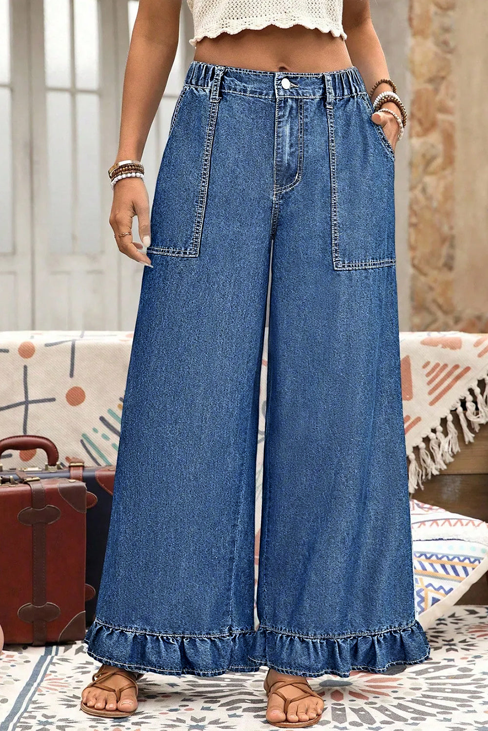 Plus Size Elastic Waist Ruffled Wide Leg Denim Jeans - Size/Plus Bottoms