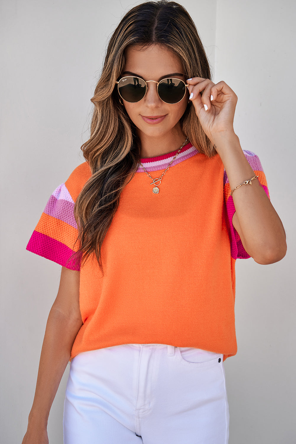 Turquoise Contrast Flutter Sleeves Knitted Sweater T Shirt eAura