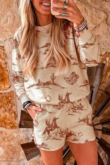 Western Print Loose Fit Long Sleeve Top Short Set – Beige