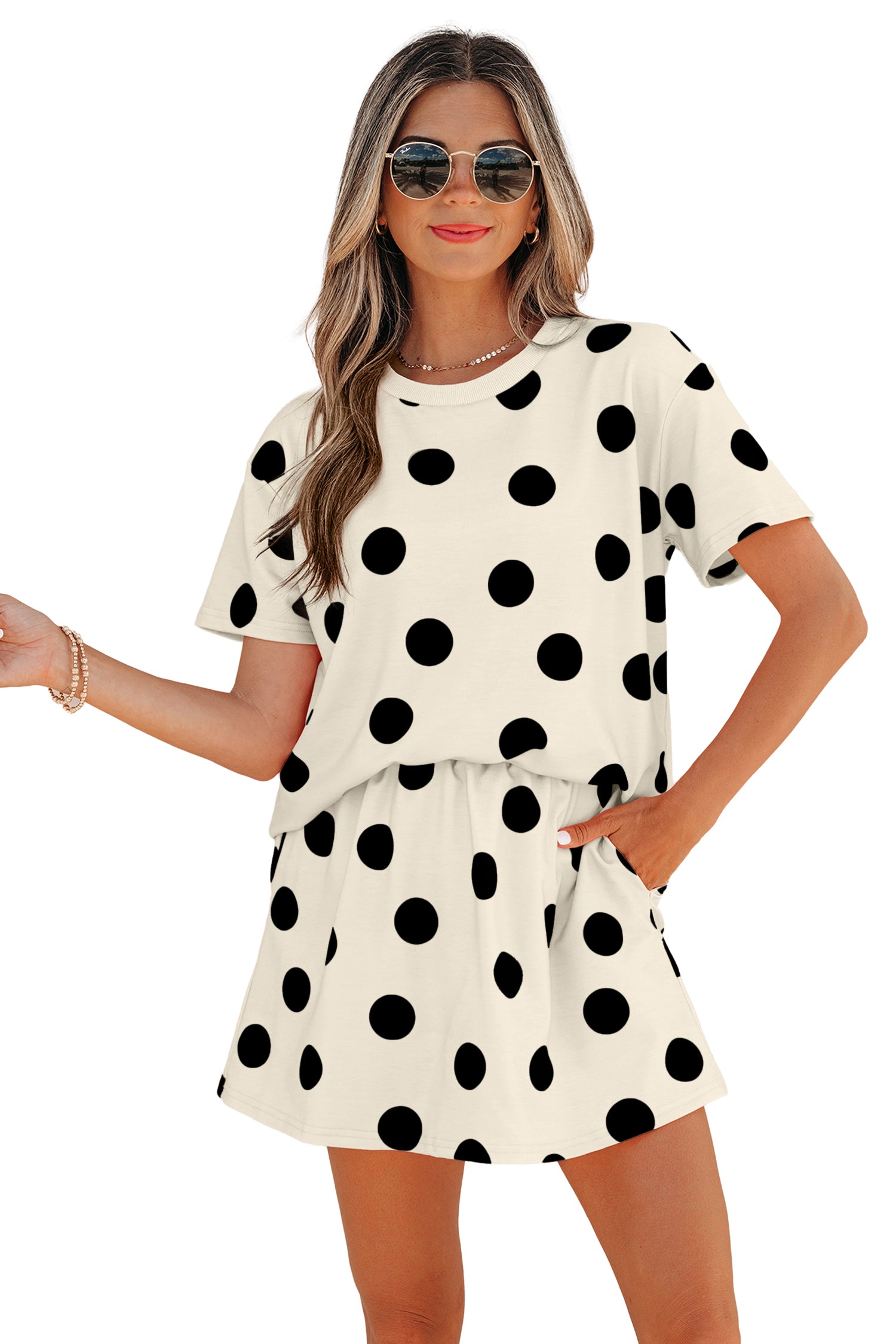 Polka Dot Short Sleeve Top Casual Skort 2pcs Outfit – White