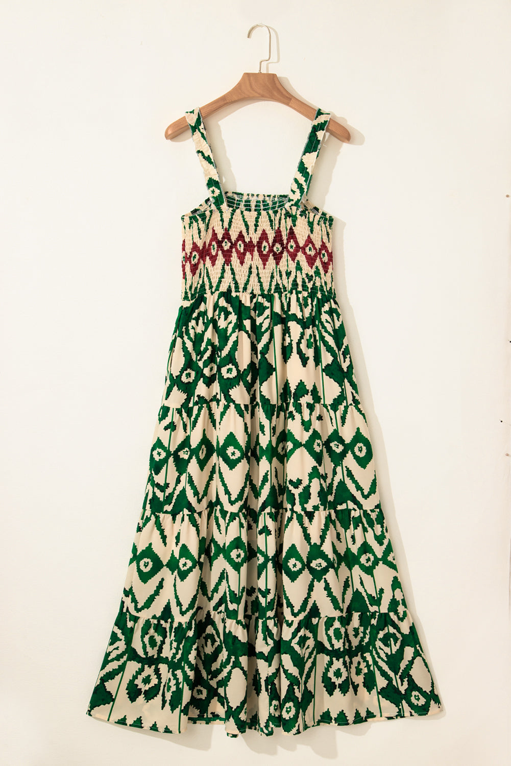 Green Western Aztec Shirred A-line Sleeveless Maxi Dress BB Fashion Outlet