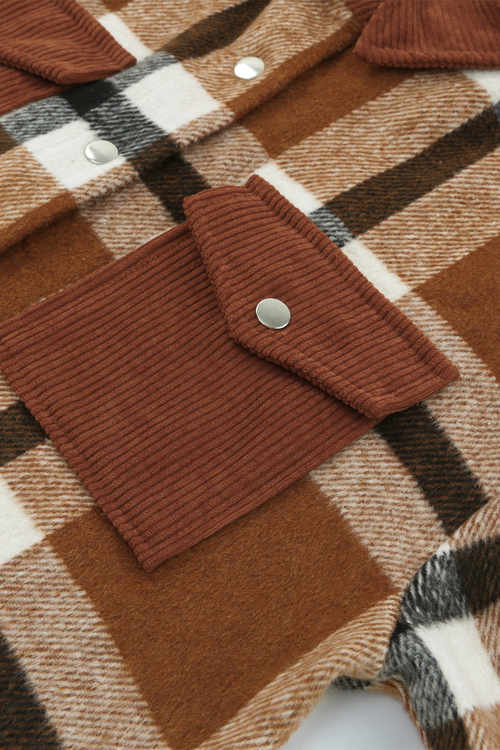 Brown Pocketed Buttoned Plaid Shirt Jacket Beagle Boutique Fashion Outlet
