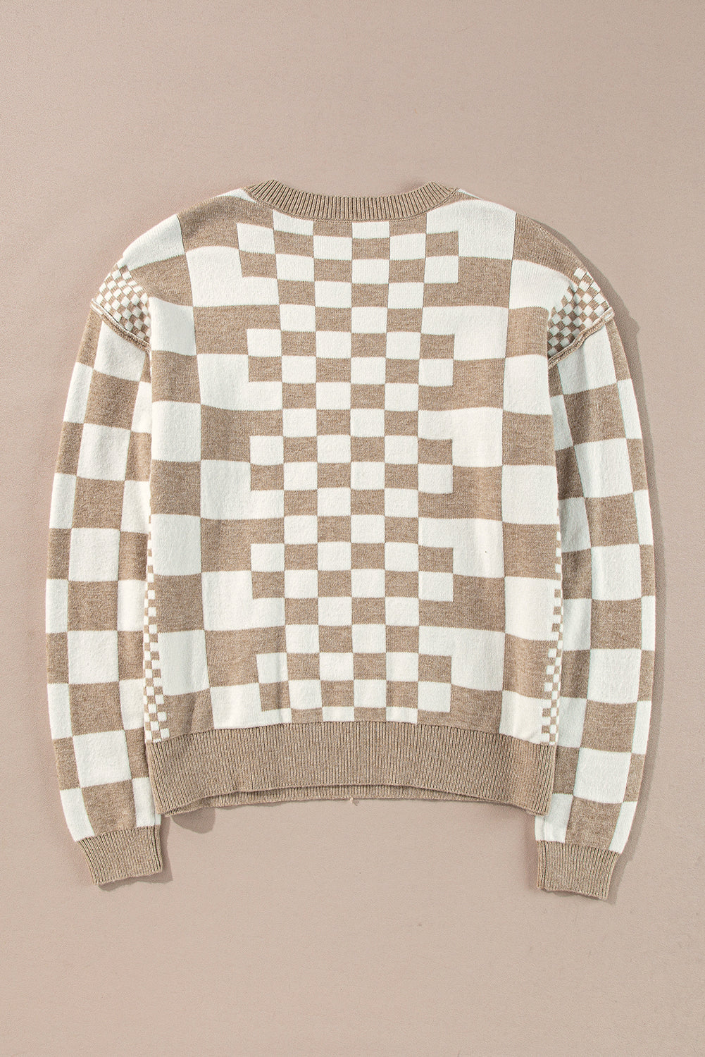 Khaki Checkered Print Drop Shoulder Round Neck Sweater eAura