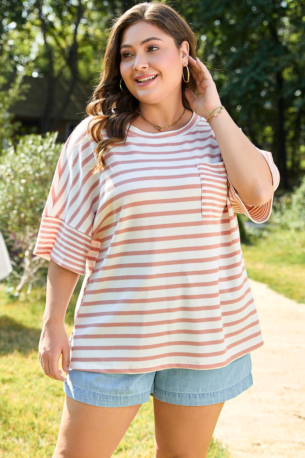 Pink Stripe Waffle Knit Pocketed Half Sleeve Plus Size T Shirt BB Fashion Outlet