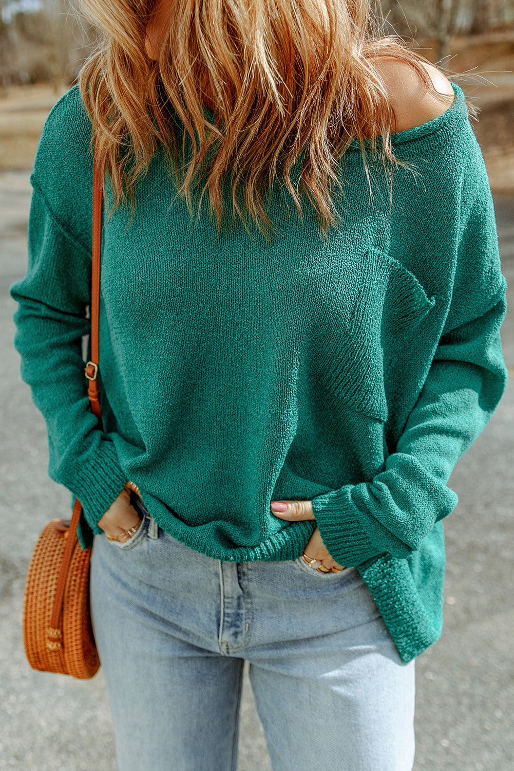 Black Solid Colour Off Shoulder Rib Knit Sweater with Pocket eAura