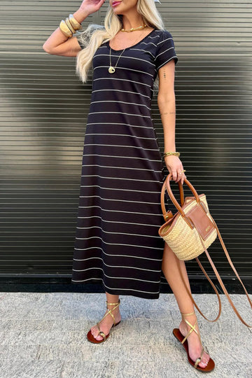 Stripe Side Slit Maxi T-Shirt Dress – Short Sleeve