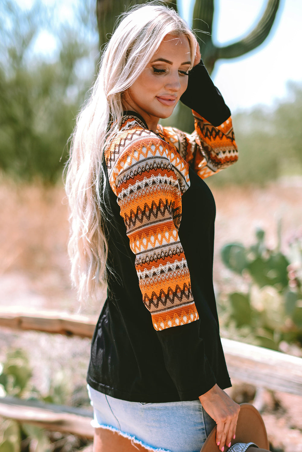 Orange Geo Print Raglan Patchwork Long Sleeve Tee eAura
