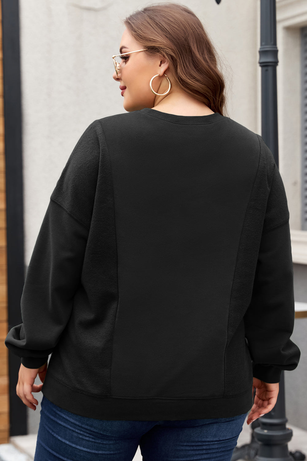 Black Loose Patchwork Crewneck Plus Size Sweatshirt BB Fashion Outlet