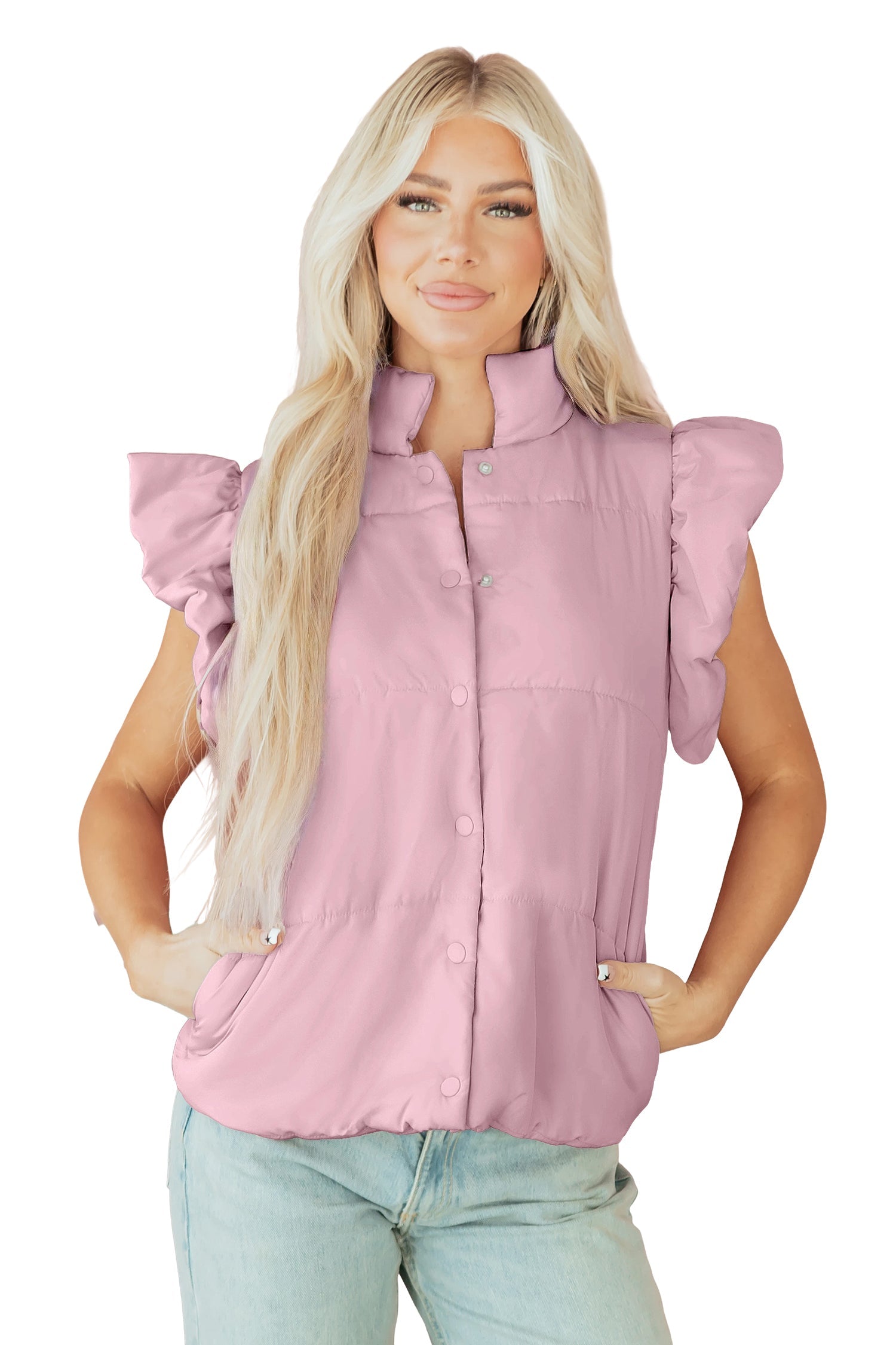 Pink Stand Neck Flutter Cap Sleeve Snap Button Puffer Vest - eAura