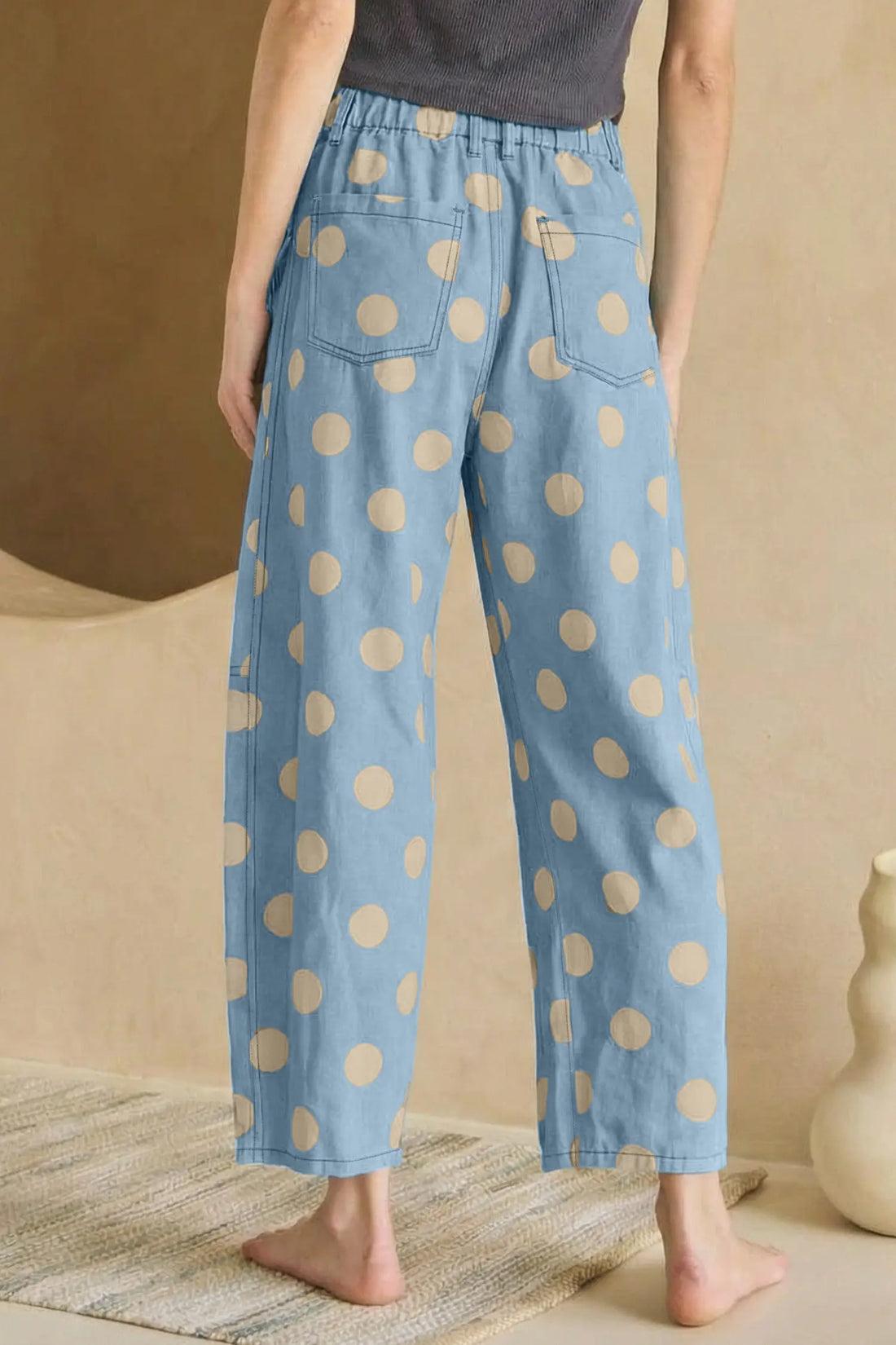 Sky Blue Polka Dot Print Bow Detail Pocketed Jeans