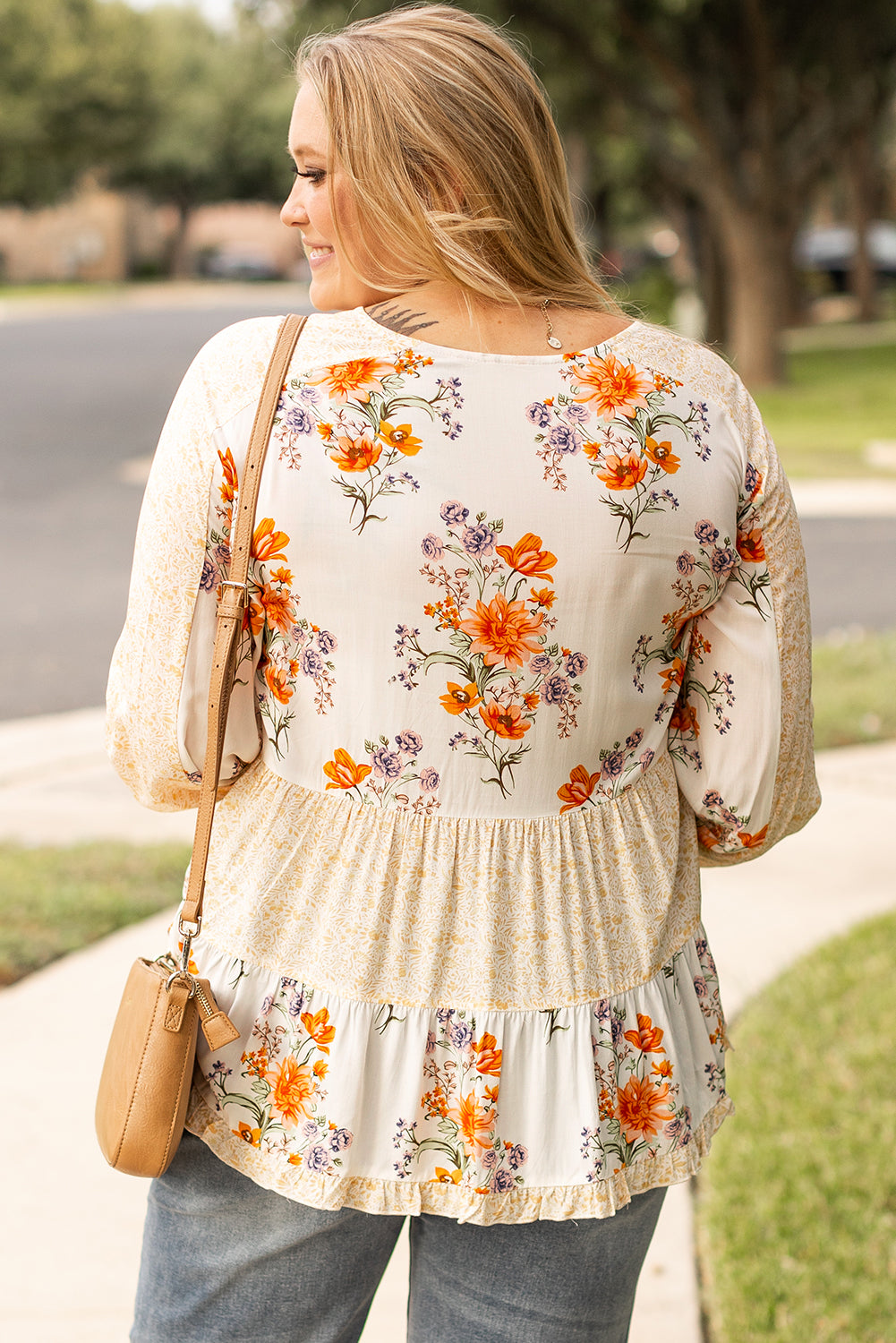 White Plus Size Floral Print V Neck Puff Sleeve Blouse BB Fashion Outlet