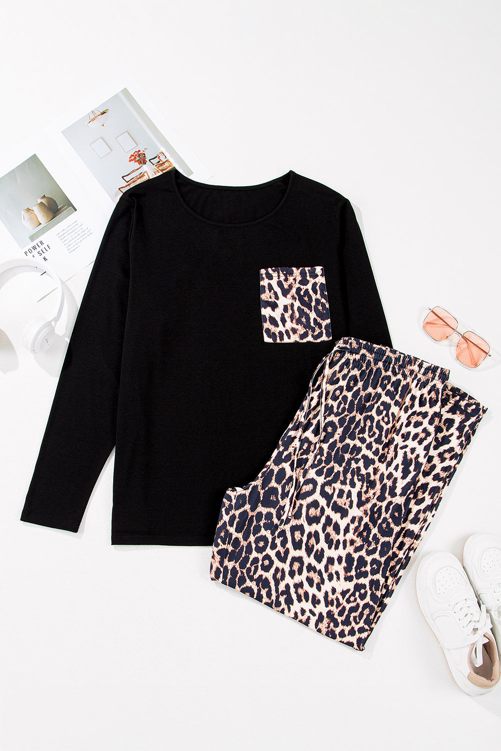 Black Leopard Patched Pocket Long Sleeve Top Plus Size Trousers Set BB Fashion Outlet
