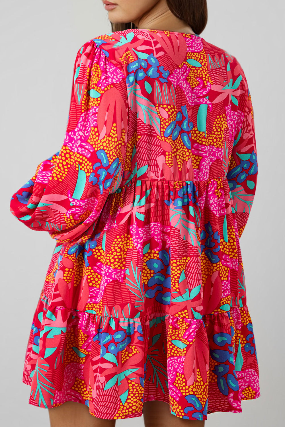 Rose Tropical Printed Lantern Sleeve V Neck Ruffled Plus Size Mini Dress Beagle Boutique Fashion Outlet