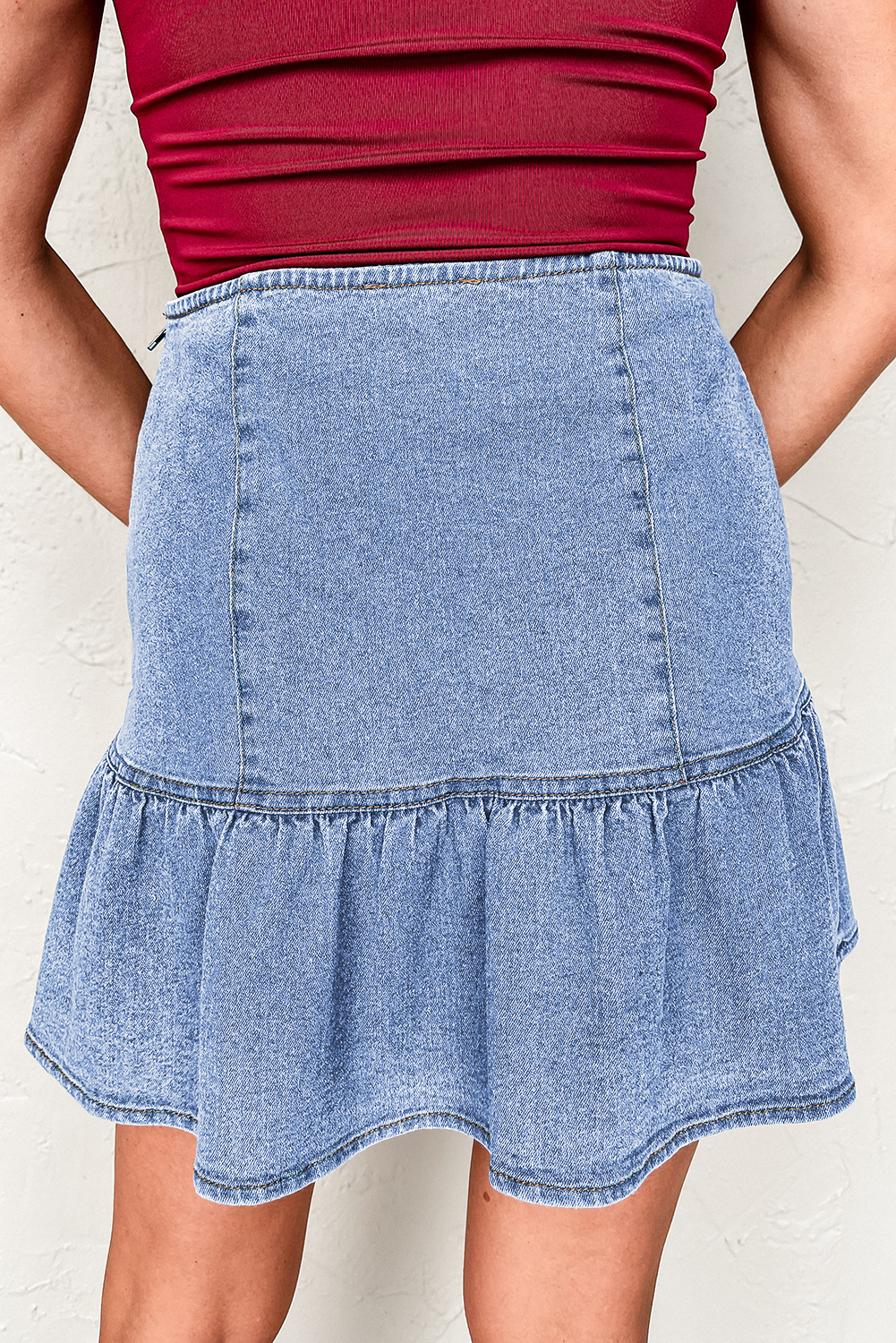 Beau Blue Asymmetric Ruffle Overlay Denim Mini Skirt eAura