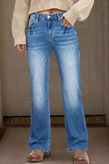 Blue Acid Washed Straight Leg Full Length Casual Jeans – Blue