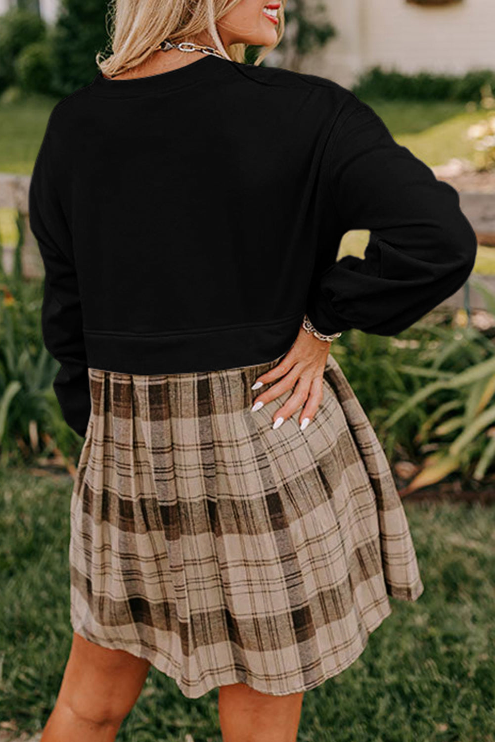 Black Plaid Patchwork High Waist Sweatshirt Mini Dress eAura