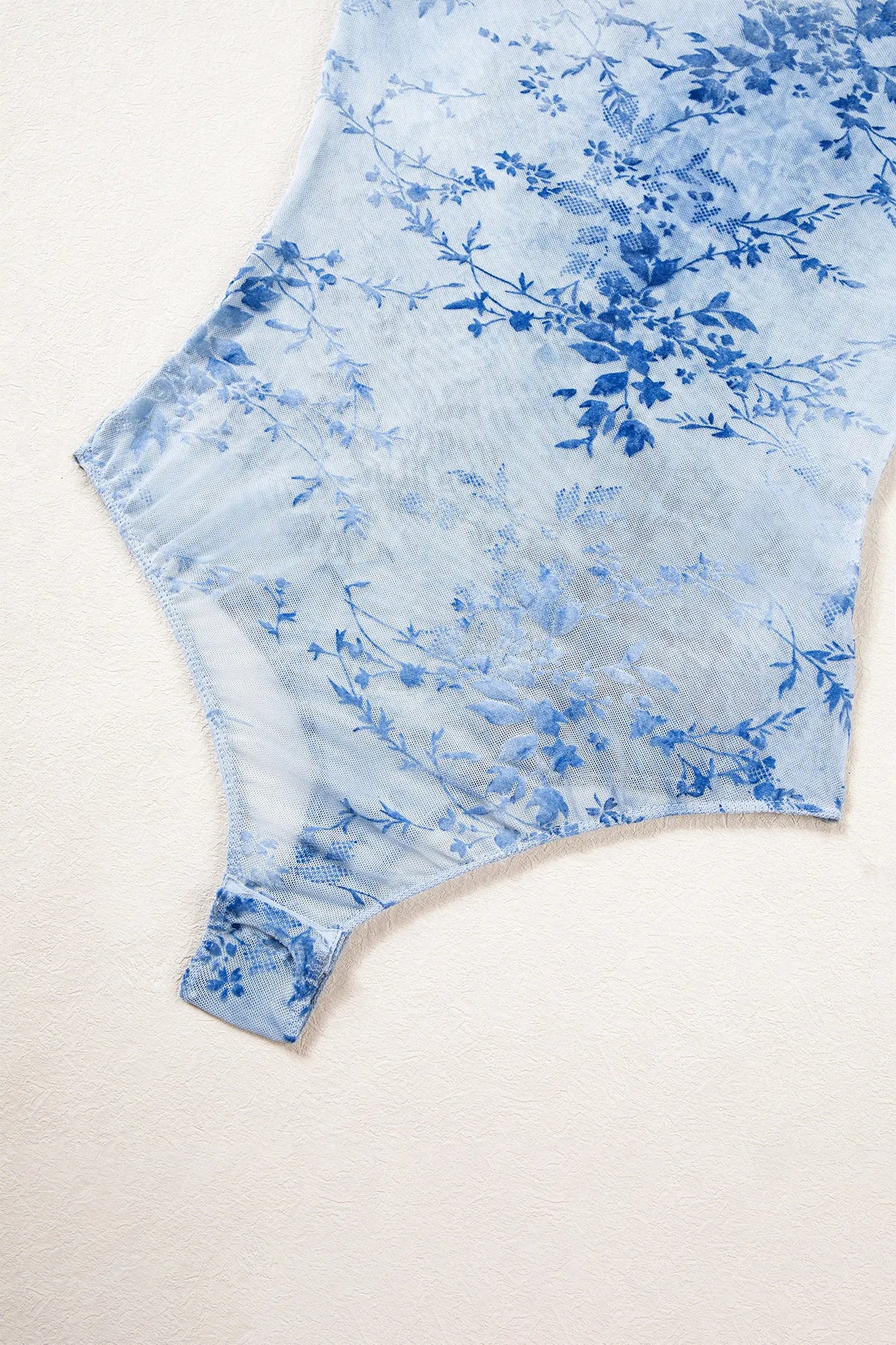 Sky Blue Sheer Mesh Floral Printed Mock Neck Long Sleeve Bodysuit – Light Blue