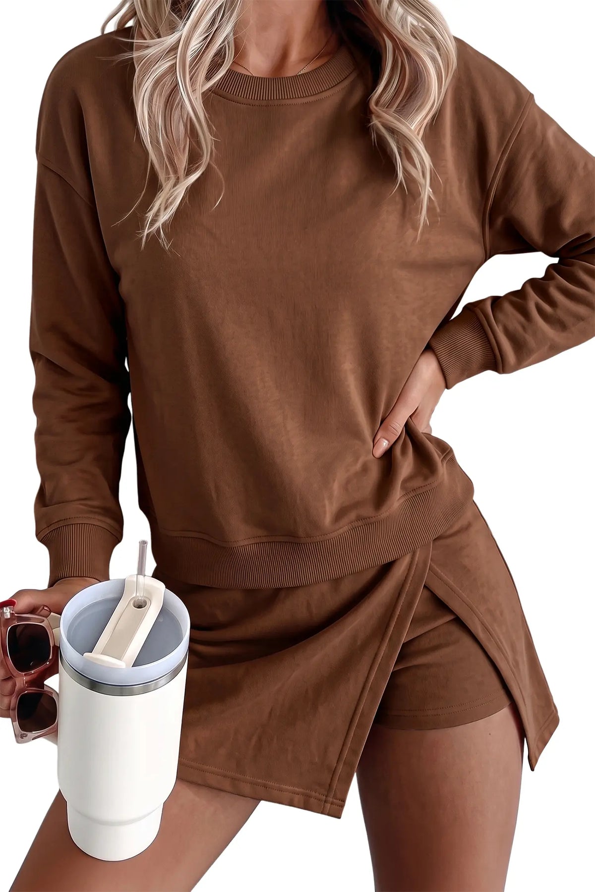 Solid Colour Long Sleeve Top Split Skort 2pcs Outfit – Dirty Blue