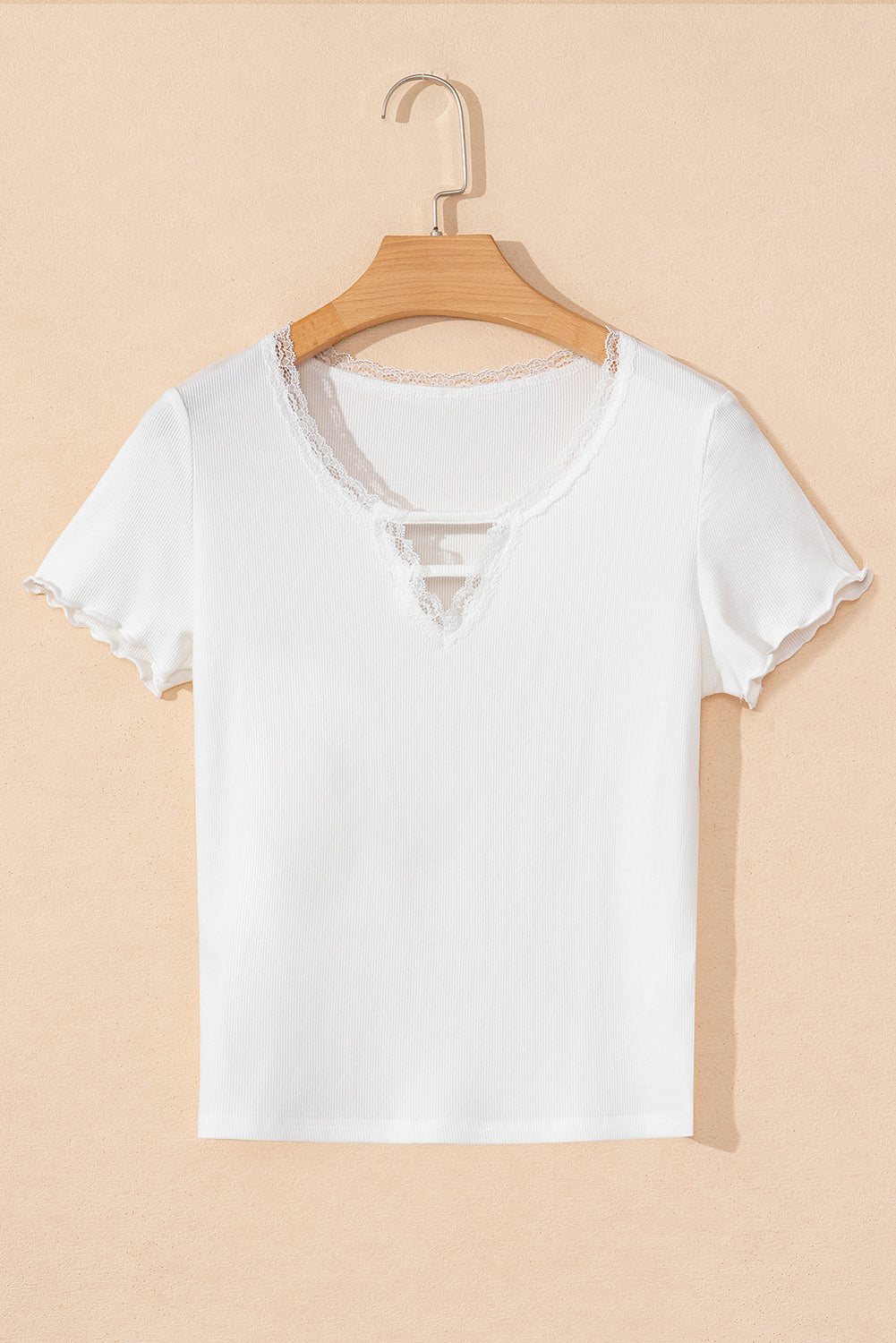 White Lace V Neckline Ribbed Slim Fit T Shirt eAura