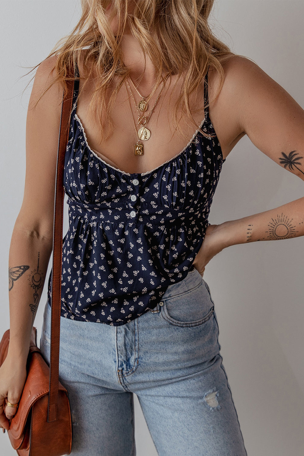 Blue Floral Print Spaghetti Strap Buttoned V Neck Cami Top eAura