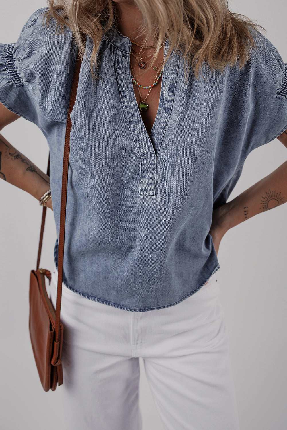 Dusk Blue V Neck Ruffled Short Puff Sleeve Denim Top - eAura