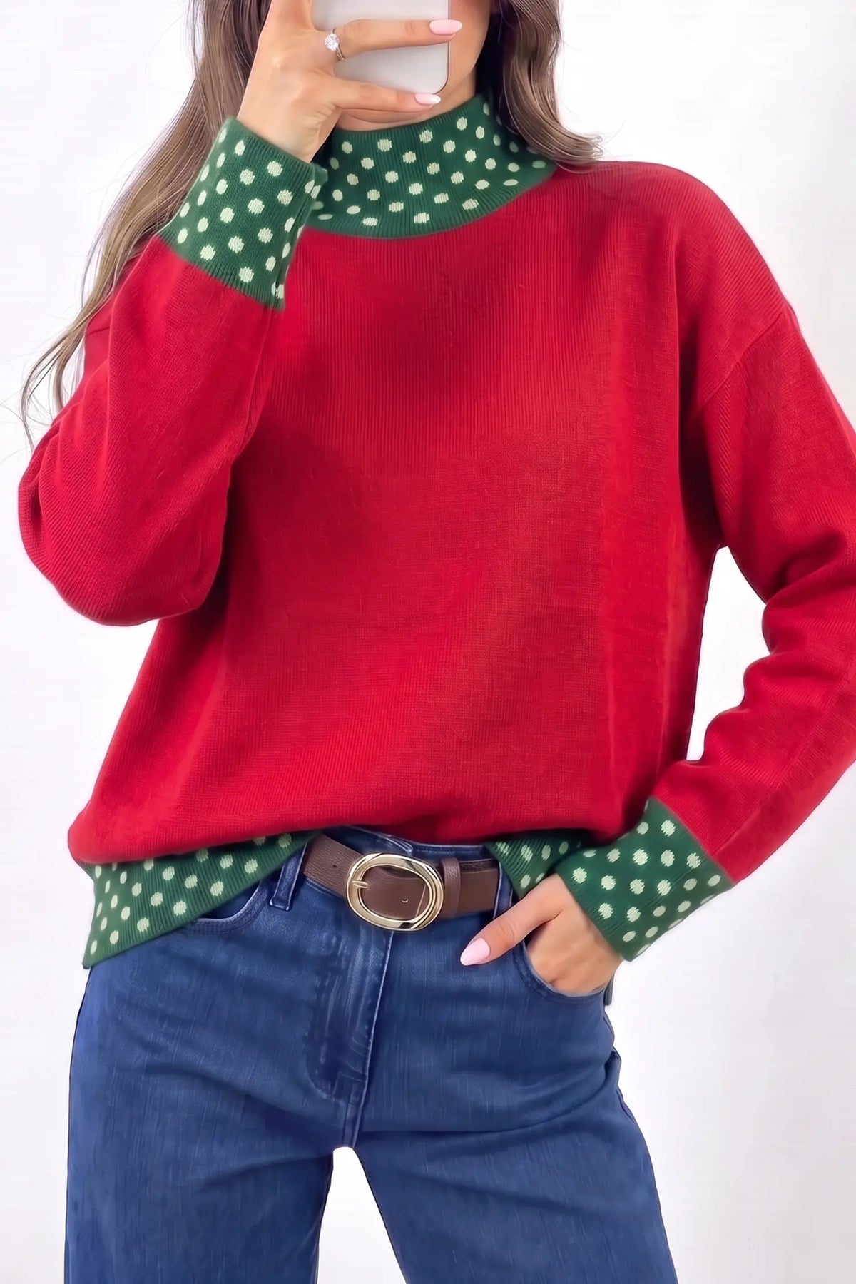 Polka Dot Contrast Mock-Neck Sweater – Coffee & Fiery Red