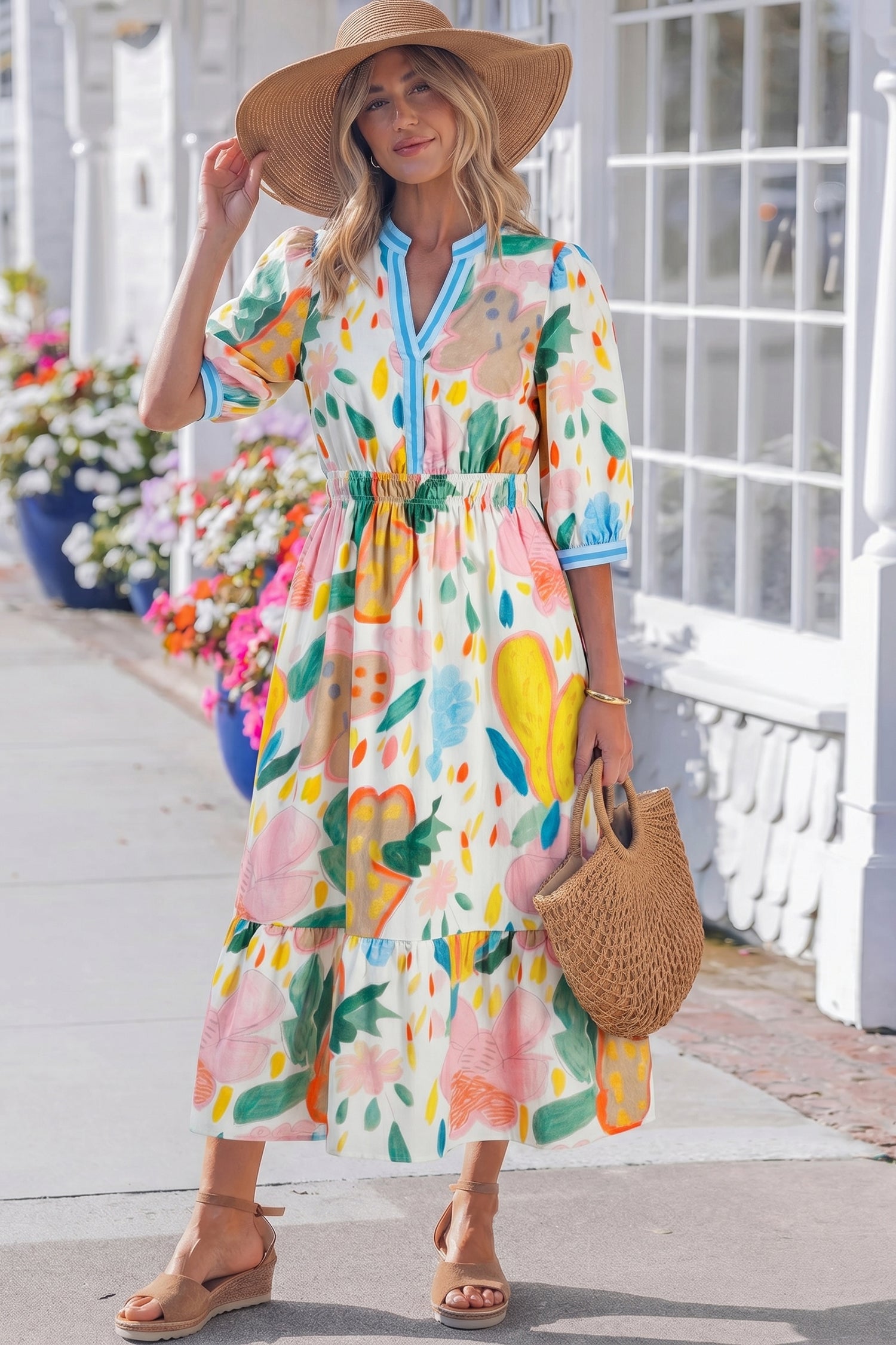 Floral Doodle Print Striped Trim V-Neck Midi Dress