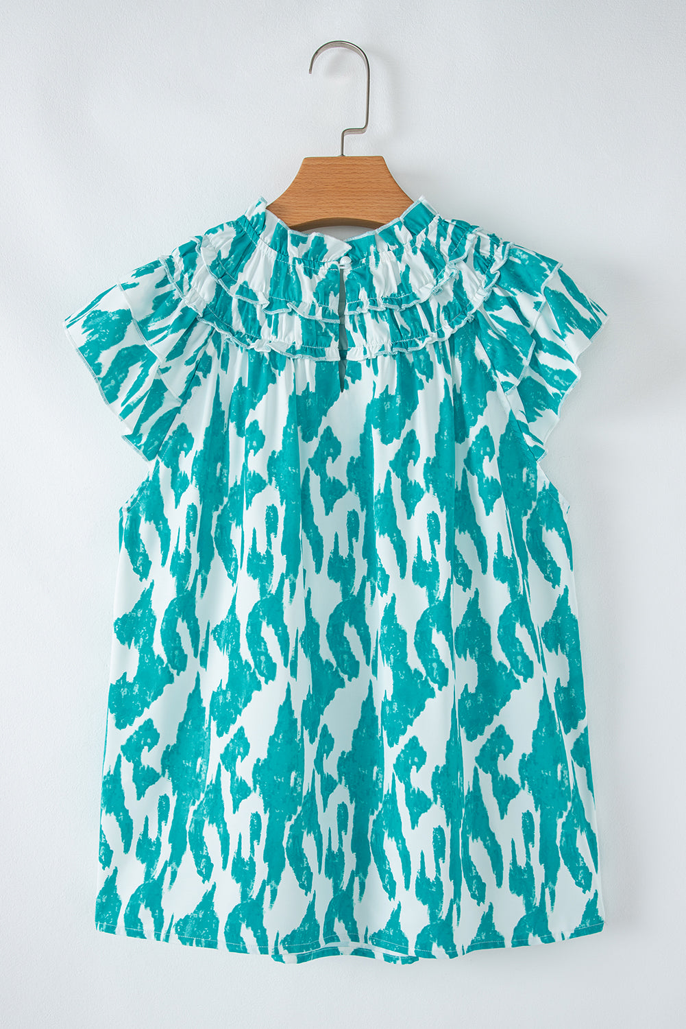 Sky Blue Abstract Print Frilled Crewneck Loose Fit Blouse eAura