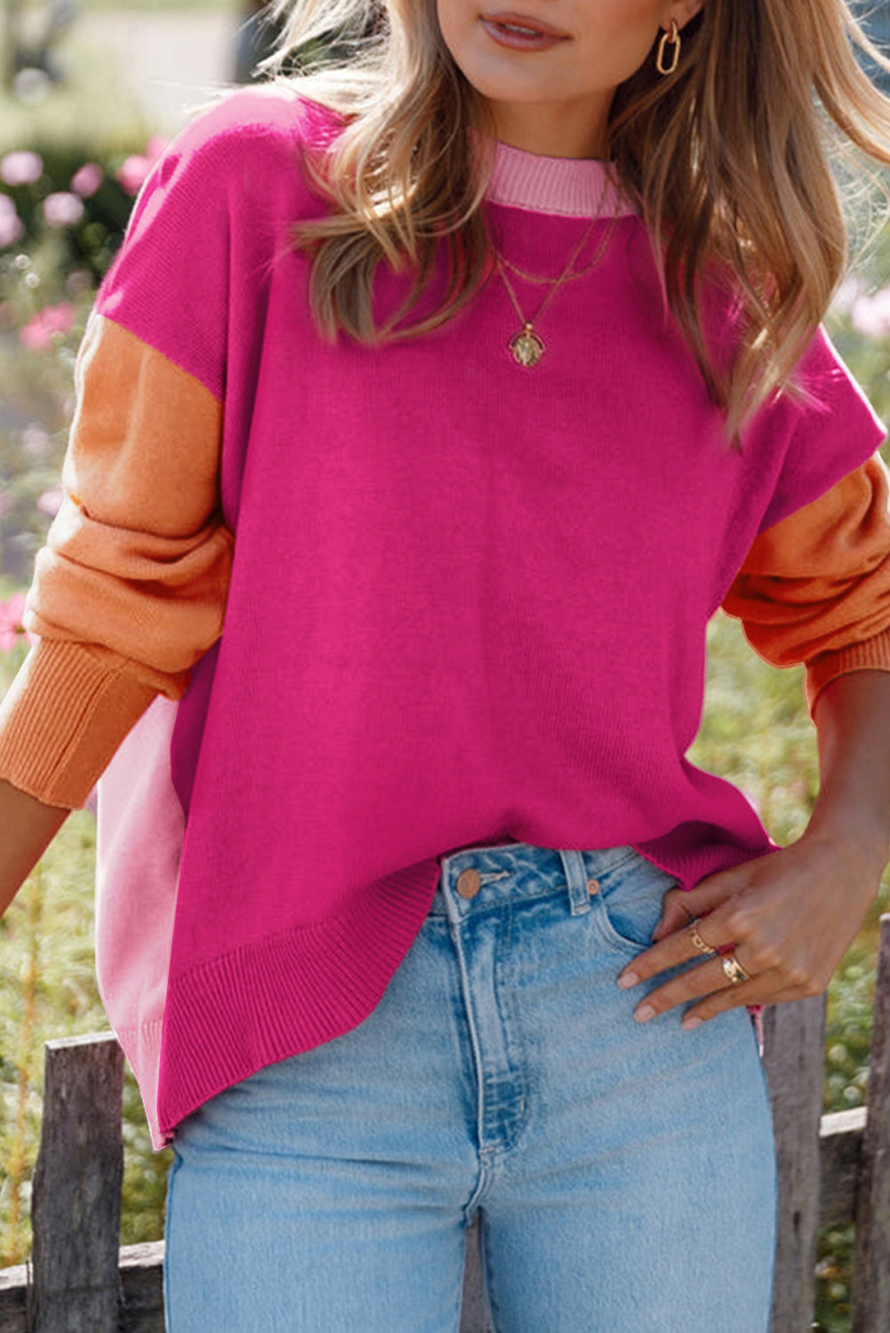 Bonbon Three Tone Contrast Round Neck Loose Sweater eAura