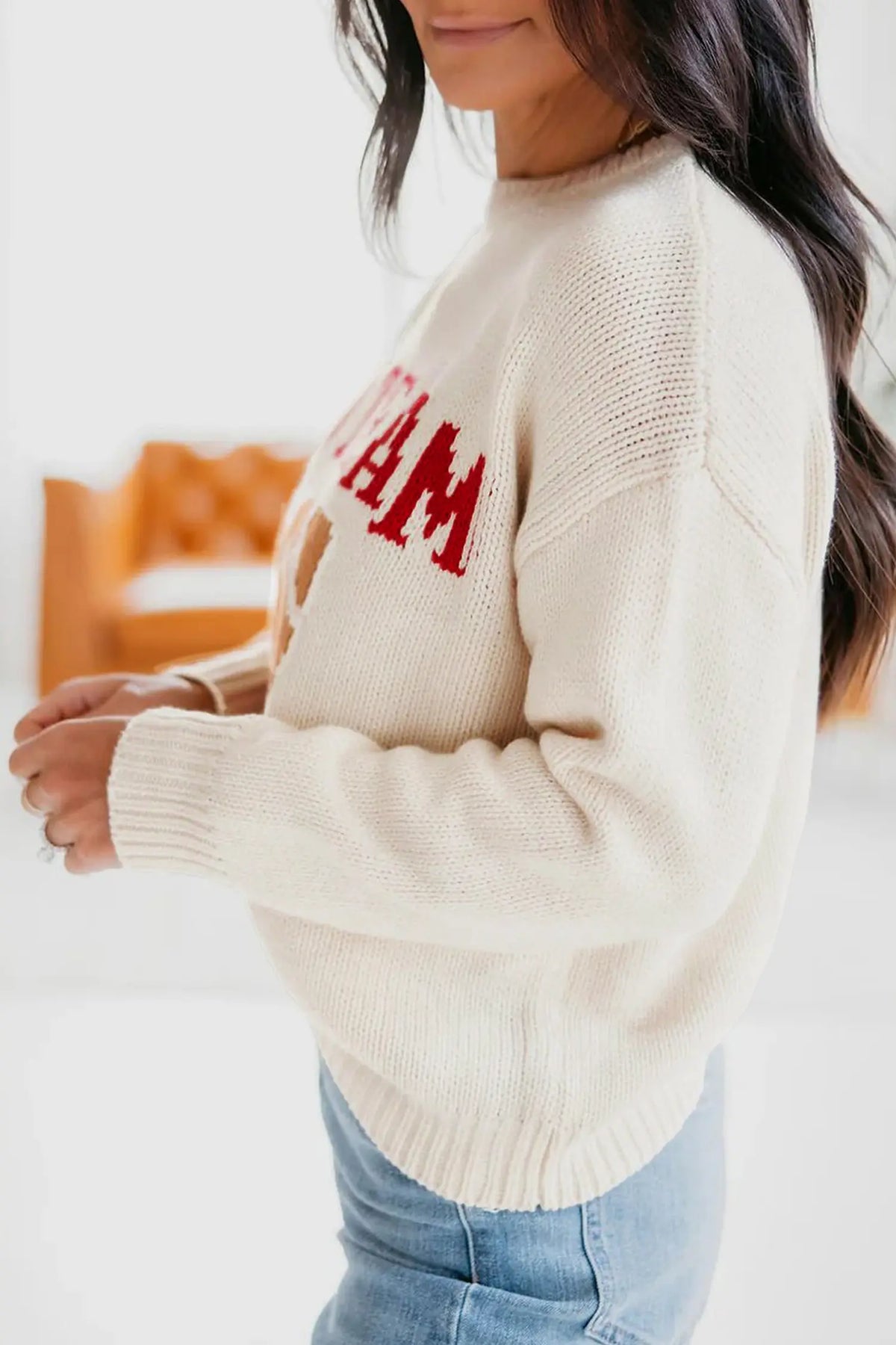 Go Team Football Drop Shoulder Knit Top Sweater – Beige