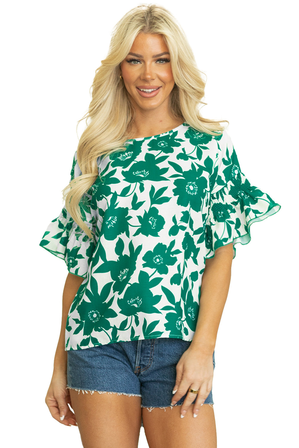 Green Floral Printed Ruffled Short Sleeve Round Neck Loose Blouse eAura