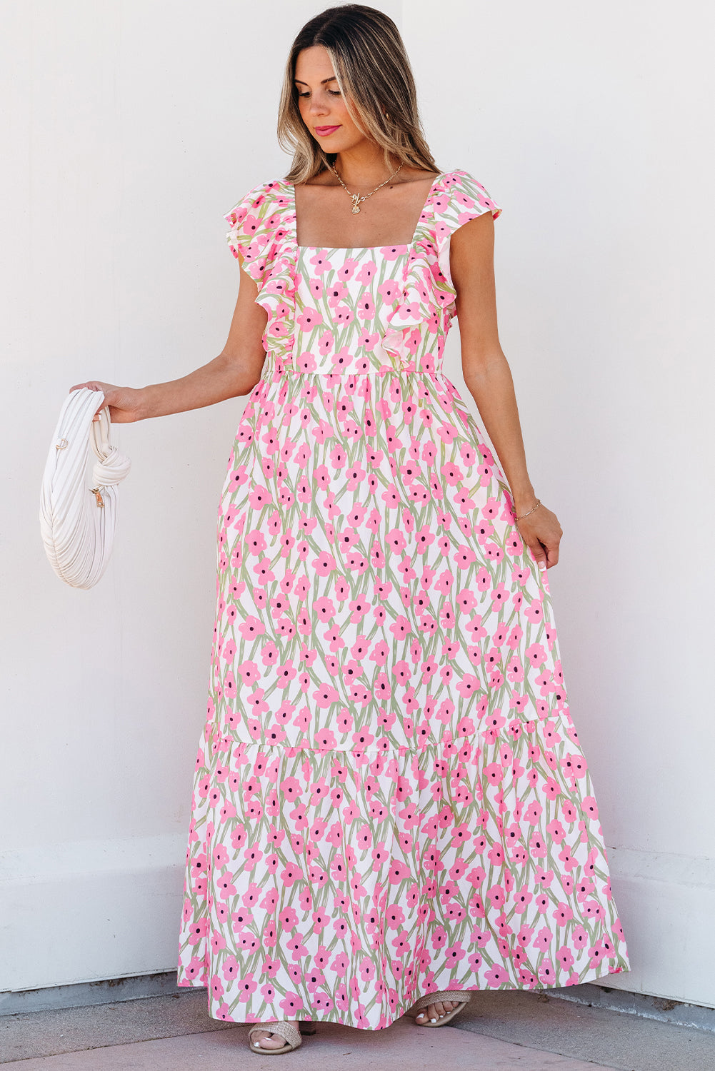 Pink Floral Print Square Neck Ruffled Strap Maxi Dress eAura