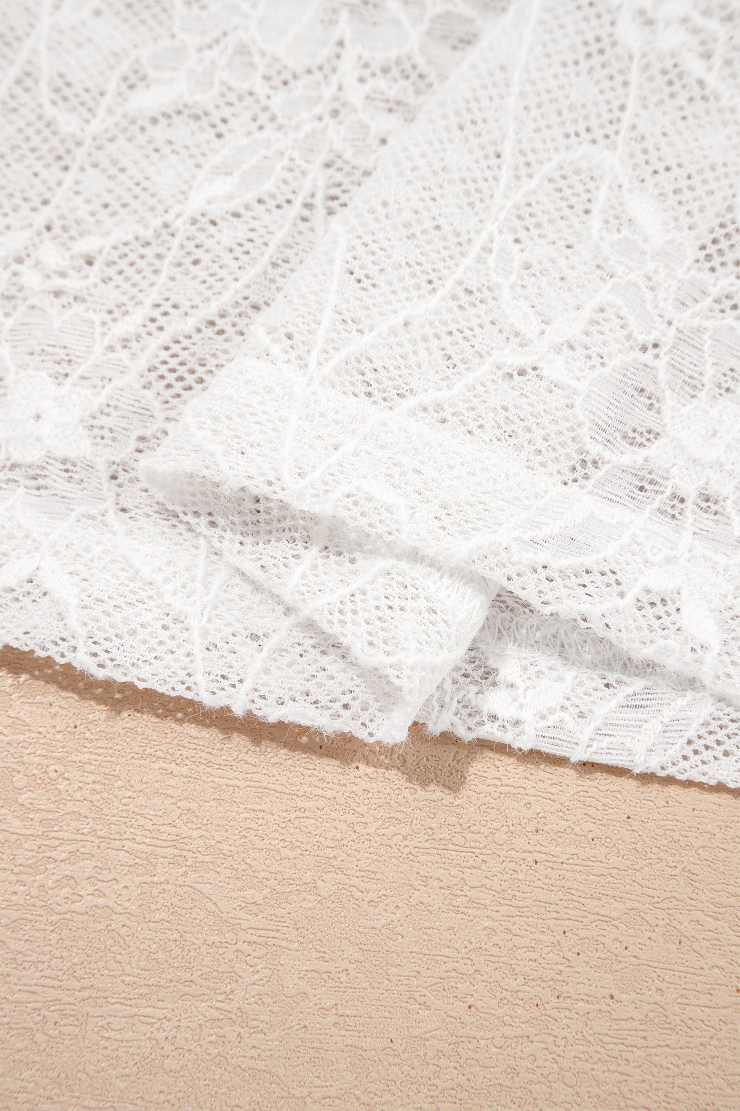 Long Sleeve Sheer Mesh Lace Top – Beige