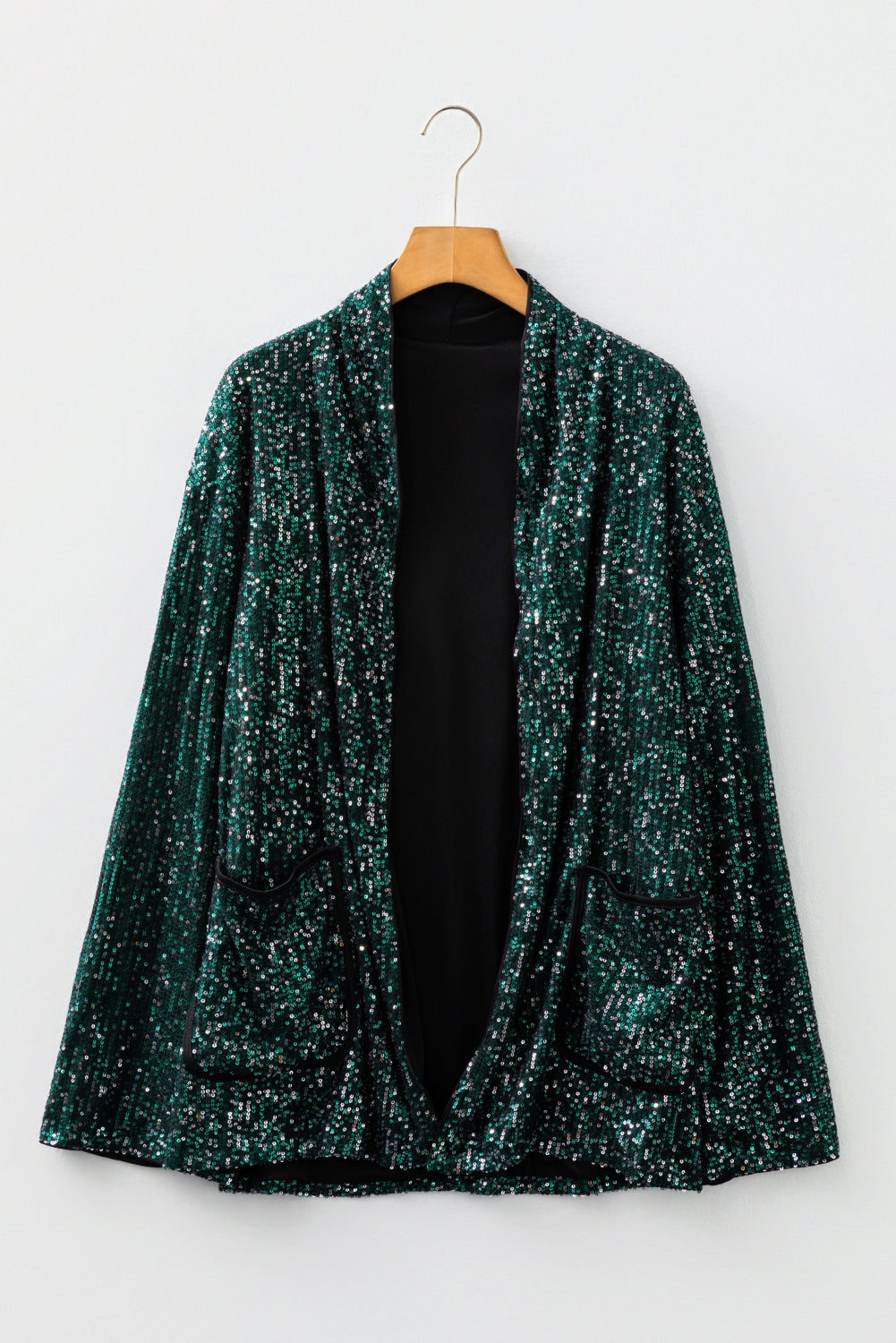 Green Glitter Sequin Open Front Long Sleeve Cardigan - eAura