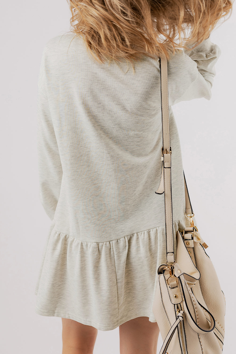 White Solid Colour Puff Sleeve Ruffle Hem Mini Dress eAura