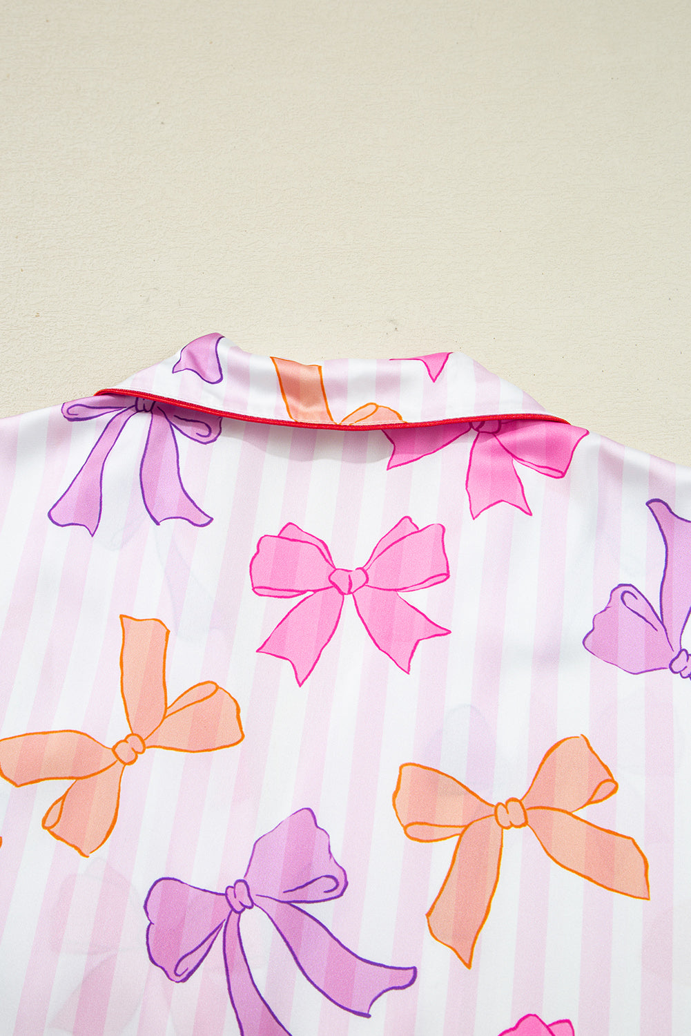 Pink Striped Bow Print Contrast Piping Trim Shirt and Bottoms Pyjama Set