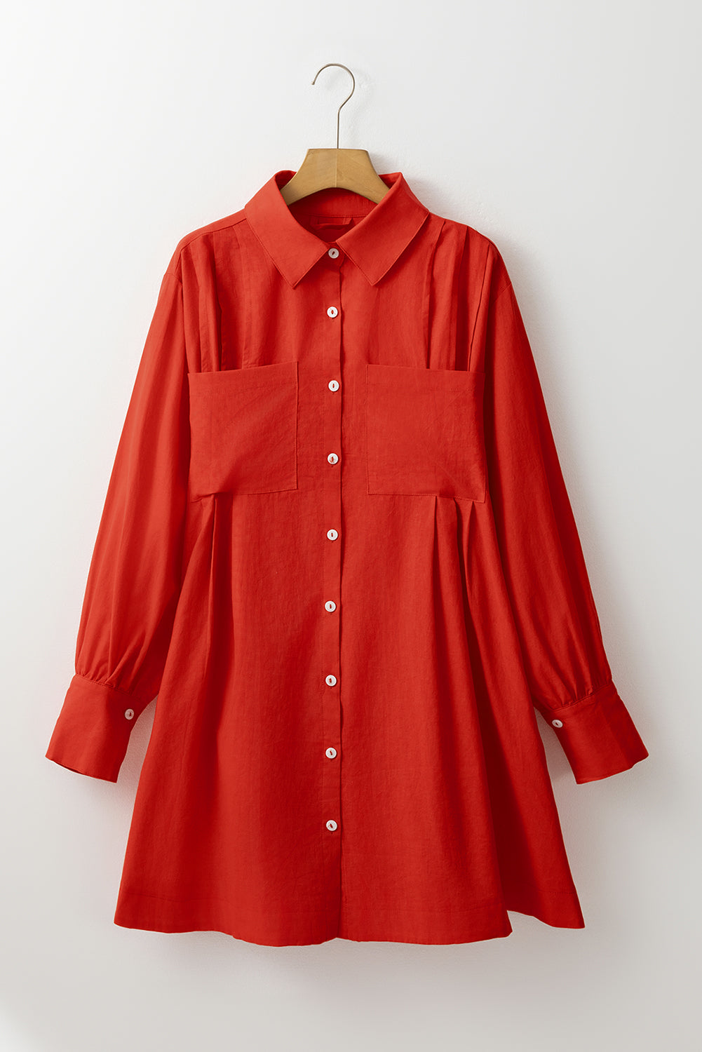 Tomato Red Bishop Sleeve Button Up Pleated Mini Shirt Dress eAura
