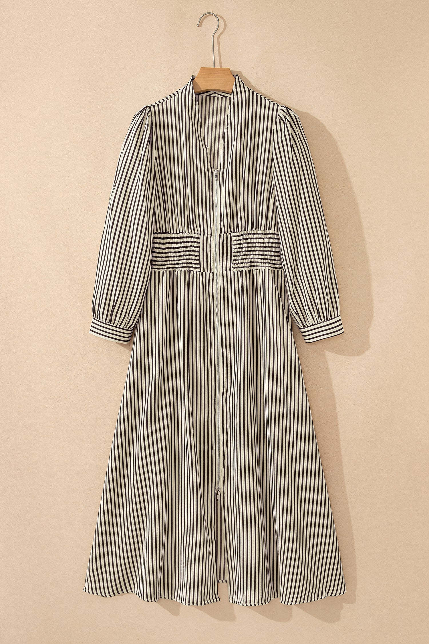 Striped V-Neck Zip Front Midi Dress - eAura