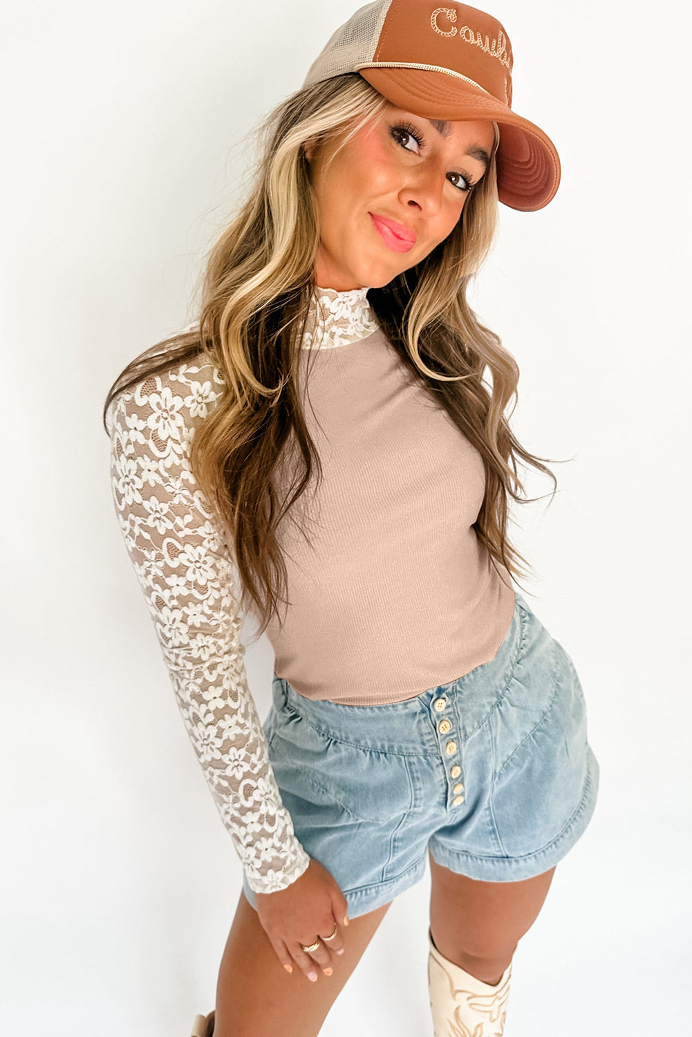 Smoke Grey Floral Lace Patchwork Long Sleeve High Neck Slim Top eAura